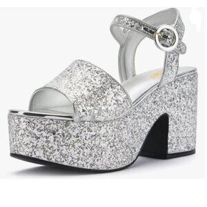 Pazzion Silver Glitter Chunky High Heel Platform Open Toe Ankle Strap Sandals